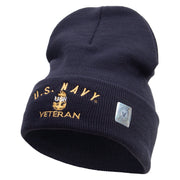 Licensed Made in USA Navy USN Veteran Logo Embroidered 12 Inch Solid Knit Cuff Long Beanie - Navy OSFM