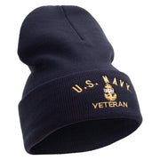 Licensed Made in USA Navy USN Veteran Logo Embroidered 12 Inch Solid Knit Cuff Long Beanie - Navy OSFM