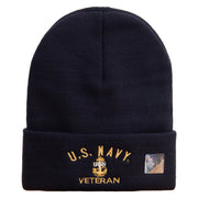 Licensed Made in USA Navy USN Veteran Logo Embroidered 12 Inch Solid Knit Cuff Long Beanie - Navy OSFM
