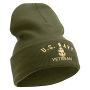 Made in USA Navy USN Veteran Logo Embroidered 12 Inch Solid Knit Cuff Long Beanie