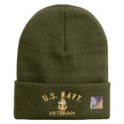 Made in USA Navy USN Veteran Logo Embroidered 12 Inch Solid Knit Cuff Long Beanie