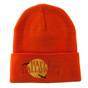 Happy Halloween Moon and Bats Embroidered Long Beanie