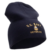 Licensed Made in USA Navy USN Veteran Symbol Embroidered 8 Inch Solid Knit Short Beanie - Navy OSFM