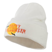 Happy Halloween Moon and Bats Embroidered Long Beanie