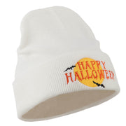 Happy Halloween Moon and Bats Embroidered Long Beanie