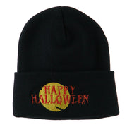 Happy Halloween Moon and Bats Embroidered Long Beanie