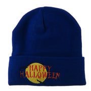 Happy Halloween Moon and Bats Embroidered Long Beanie