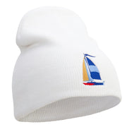 Sailboat Icon Embroidered 8 Inch Short Beanie - White OSFM