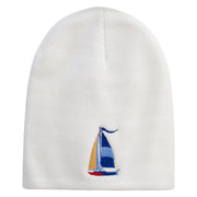 Sailboat Icon Embroidered 8 Inch Short Beanie - White OSFM