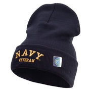 Licensed Made in USA Navy Veteran Letters Logo Embroidered 12 Inch Solid Knit Cuff Long Beanie - Navy OSFM