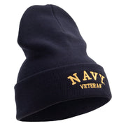 Licensed Made in USA Navy Veteran Letters Logo Embroidered 12 Inch Solid Knit Cuff Long Beanie - Navy OSFM