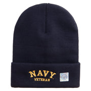 Licensed Made in USA Navy Veteran Letters Logo Embroidered 12 Inch Solid Knit Cuff Long Beanie - Navy OSFM