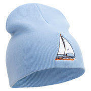 Sailing Lake Boat Embroidered 8 inch Acrylic Short beanie - Lt-Blue OSFM