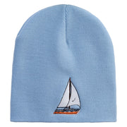 Sailing Lake Boat Embroidered 8 inch Acrylic Short beanie - Lt-Blue OSFM