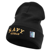Licensed Made in USA Navy Veteran Letters Logo Embroidered 12 Inch Solid Knit Cuff Long Beanie - Black OSFM