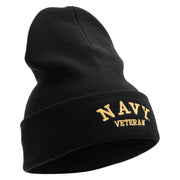 Licensed Made in USA Navy Veteran Letters Logo Embroidered 12 Inch Solid Knit Cuff Long Beanie - Black OSFM
