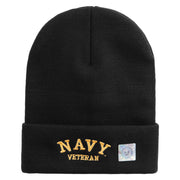 Licensed Made in USA Navy Veteran Letters Logo Embroidered 12 Inch Solid Knit Cuff Long Beanie - Black OSFM