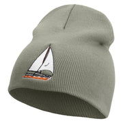 Sailing Lake Boat Embroidered 8 inch Acrylic Short beanie - Grey OSFM