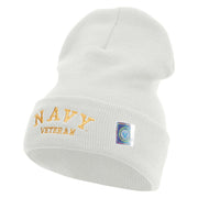 Licensed Made in USA Navy Veteran Letters Logo Embroidered 12 Inch Solid Knit Cuff Long Beanie - White OSFM