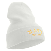 Licensed Made in USA Navy Veteran Letters Logo Embroidered 12 Inch Solid Knit Cuff Long Beanie - White OSFM