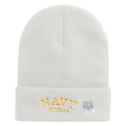 Licensed Made in USA Navy Veteran Letters Logo Embroidered 12 Inch Solid Knit Cuff Long Beanie - White OSFM