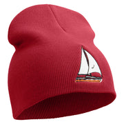 Sailing Lake Boat Embroidered 8 inch Acrylic Short beanie - Red OSFM