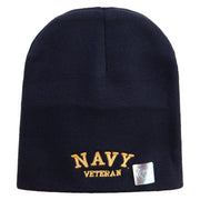 Licensed Made in USA Navy Veteran Letters Symbol Embroidered 8 Inch Solid Knit Short Beanie - Navy OSFM