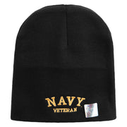 Licensed Made in USA Navy Veteran Letters Symbol Embroidered 8 Inch Solid Knit Short Beanie - Black OSFM