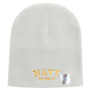 Licensed Made in USA Navy Veteran Letters Symbol Embroidered 8 Inch Solid Knit Short Beanie - White OSFM