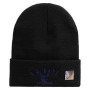 Licensed Made in USA Eagle Navy Veteran Logo Embroidered 12 Inch Solid Knit Cuff Long Beanie - Black OSFM