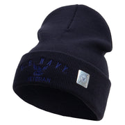 Licensed Made in USA Eagle Navy Veteran Logo Embroidered 12 Inch Solid Knit Cuff Long Beanie - Navy OSFM
