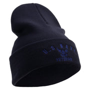 Licensed Made in USA Eagle Navy Veteran Logo Embroidered 12 Inch Solid Knit Cuff Long Beanie - Navy OSFM