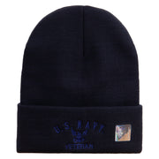 Licensed Made in USA Eagle Navy Veteran Logo Embroidered 12 Inch Solid Knit Cuff Long Beanie - Navy OSFM