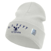 Licensed Made in USA Eagle Navy Veteran Logo Embroidered 12 Inch Solid Knit Cuff Long Beanie - White OSFM