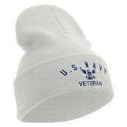 Licensed Made in USA Eagle Navy Veteran Logo Embroidered 12 Inch Solid Knit Cuff Long Beanie - White OSFM