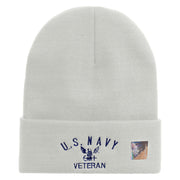 Licensed Made in USA Eagle Navy Veteran Logo Embroidered 12 Inch Solid Knit Cuff Long Beanie - White OSFM