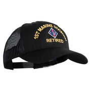 1st Marine Division Retired Embroidered 6 Panel Structured Cotton Twill Mesh Cap Made in USA - Black OSFM