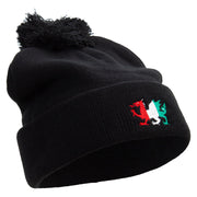 Flag of Wales Embroidered Pom Acrylic Cuff Long Beanie - Black OSFM