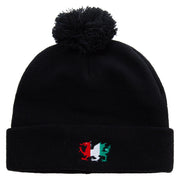 Flag of Wales Embroidered Pom Acrylic Cuff Long Beanie - Black OSFM