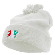 Flag of Wales Embroidered Pom Acrylic Cuff Long Beanie - White OSFM