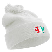 Flag of Wales Embroidered Pom Acrylic Cuff Long Beanie - White OSFM