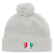 Flag of Wales Embroidered Pom Acrylic Cuff Long Beanie - White OSFM