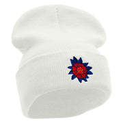 Dominican Flower Embroidered 12 Inch Long Knitted Beanie - White OSFM