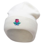 Rose And Petals Embroidered 12 Inch Long Knitted Beanie - White OSFM