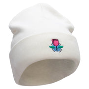 Rose And Petals Embroidered 12 Inch Long Knitted Beanie - White OSFM