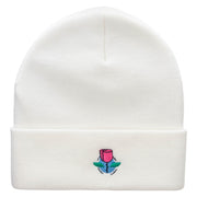 Rose And Petals Embroidered 12 Inch Long Knitted Beanie - White OSFM