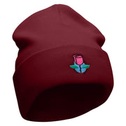 Rose And Petals Embroidered 12 Inch Long Knitted Beanie - Maroon OSFM