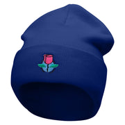 Rose And Petals Embroidered 12 Inch Long Knitted Beanie - Royal OSFM