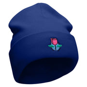 Rose And Petals Embroidered 12 Inch Long Knitted Beanie - Royal OSFM