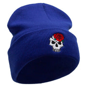 Skull Rose Embroidered 12 Inch Long Knitted Beanie - Royal OSFM